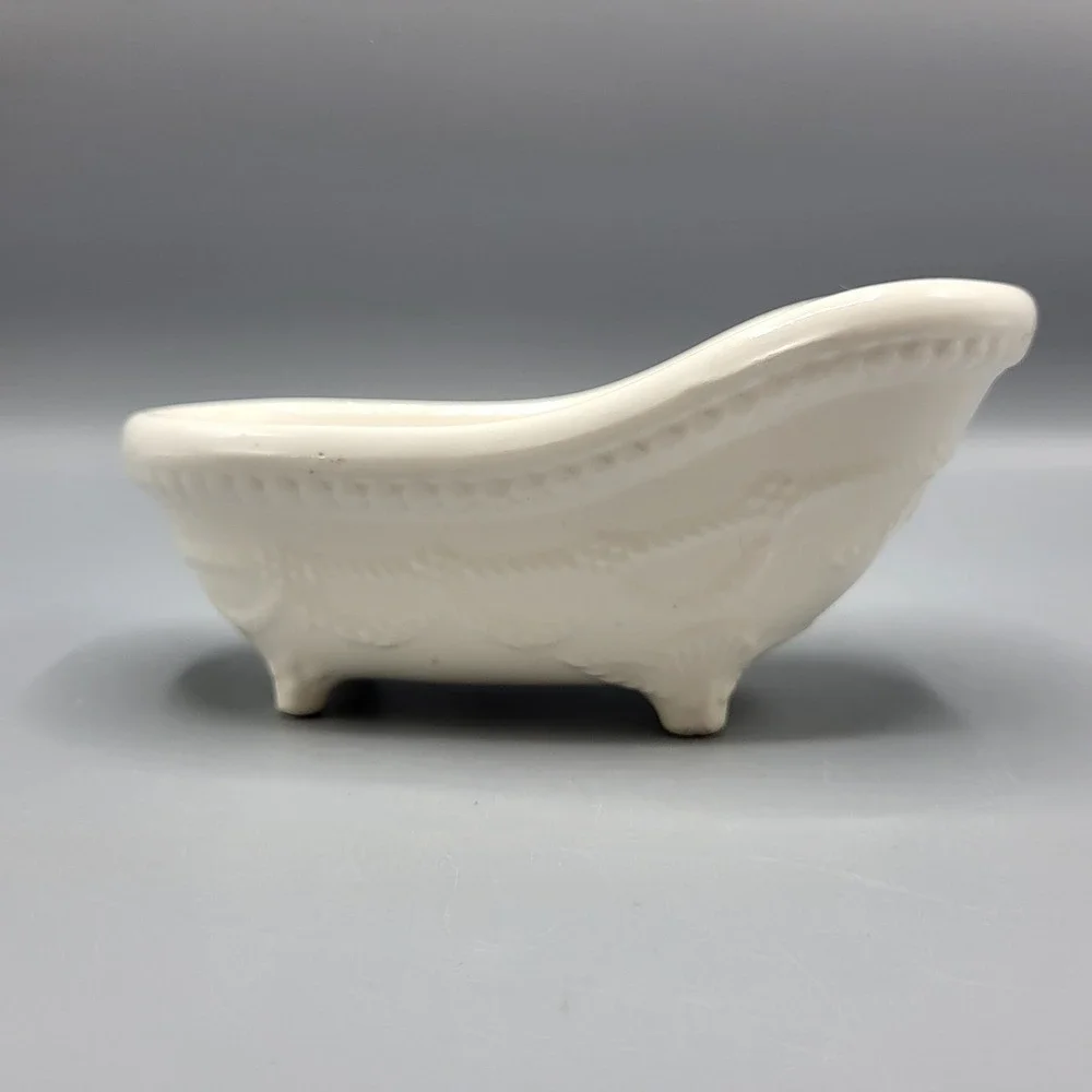 Vintage CCP NY Miniature Bathtub Soap Dish White Ceramic Embossed Made in Japan